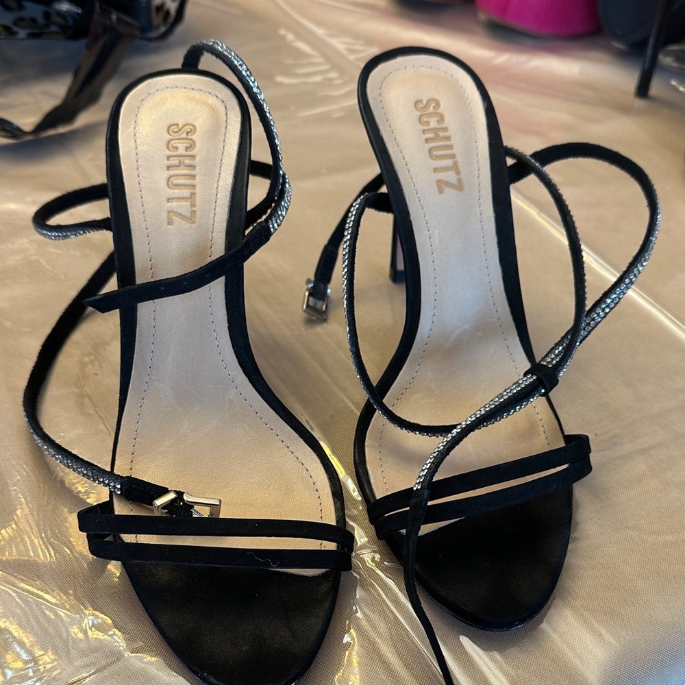 SCHUTZ Black and Silver Strappy Heels